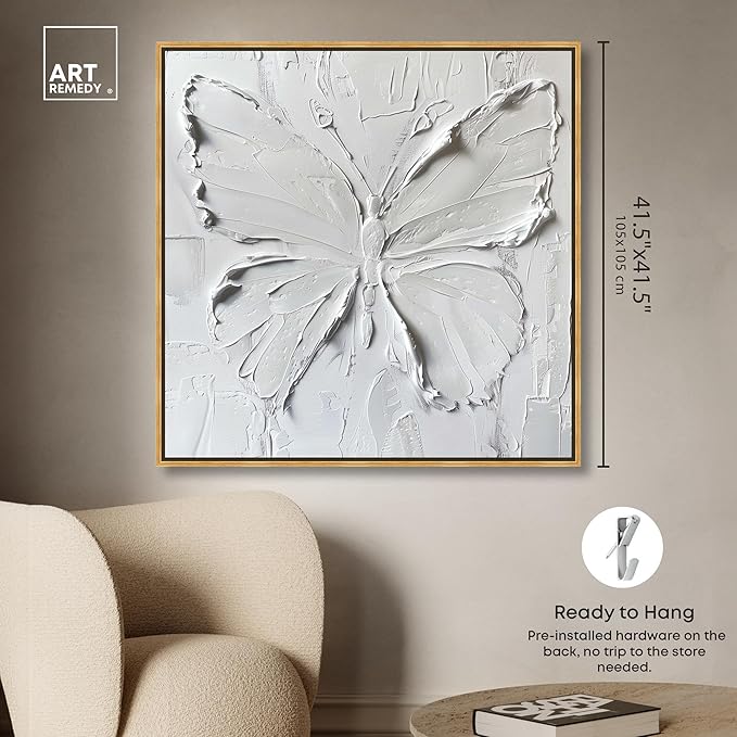 Art Remedy White Butterfly Canvas Elegant White Gold Wall Art, Gold Frame, 40" x 40"