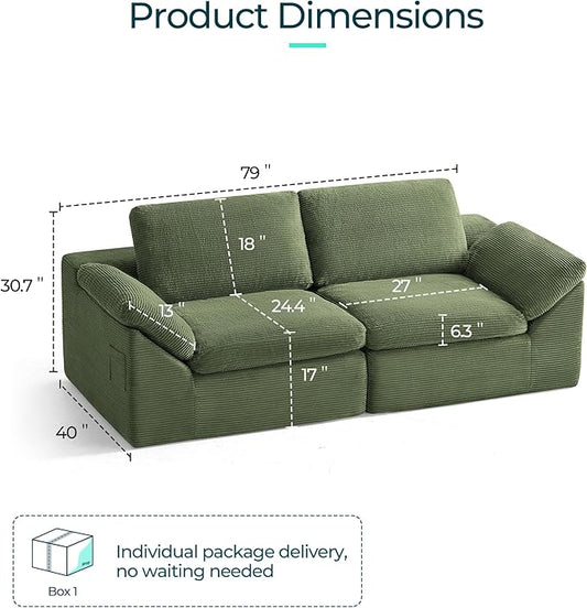 LINSY HOME 79" Modular Couch Modern Cloud Couch, 2 Seater Loveseat Sofa with Double Layer Cushions, Small Couches for Bedroom, Apartment, No Assembly Required, Green