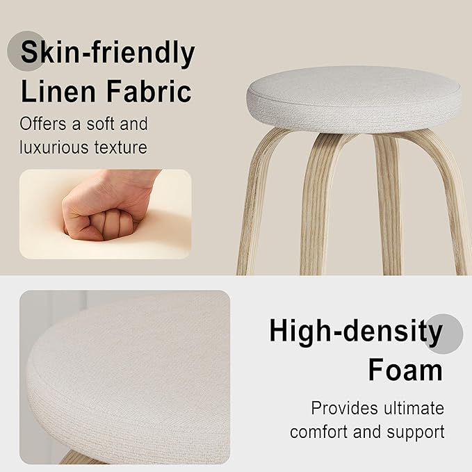 Bar Stools Set of 2, Counter Height Backless Bar Stools, 26" Swivel Barstools Kitchen Chair with Upholstered Fabric Seat, Beige