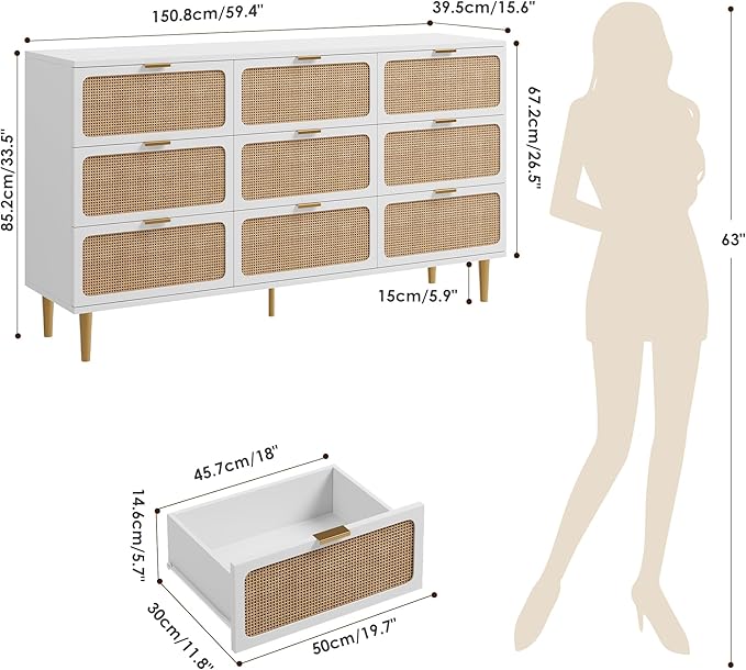 GarveeHome Rattan 9 Drawer Dressers for Bedroom, Tall Dresser with Deep Drawers, Large Chest of Drawers for Closet with Wide Top, Long Wooden Dresser for Living Room, Hallway, Kids Room, White