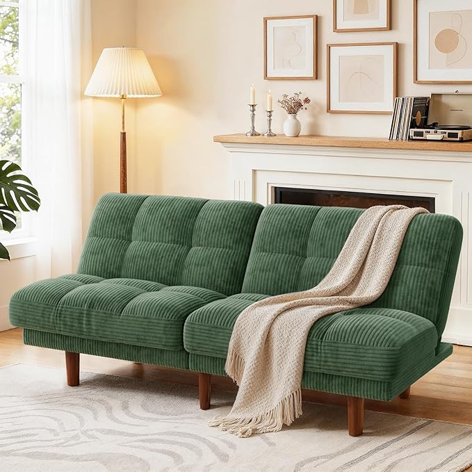 Marsail 65" Futon Sofa Bed, Convertible Small Recliner Sleeper Sofa Bed with Adjustable Backrest, Corduroy Loveseat Futon Couch for Small Apartments, Living Room Office, Guest Room (Green)