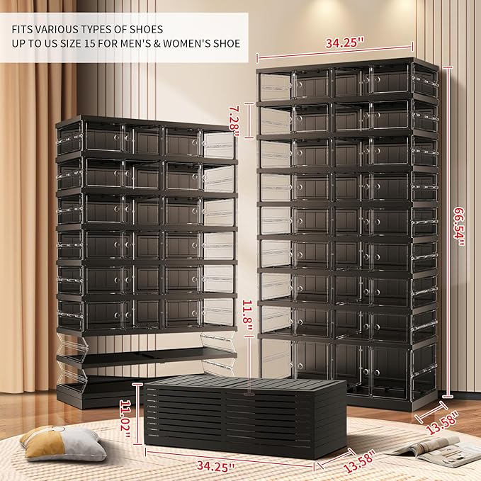 9-Tier Foldable Shoe Rack for Closet Entryway 18-36Pairs,Stackable Clear Shoe Storage Boxes Organizer with Door Plastic Shoe Cabinet Bins with Lids Shoes Shelf Easy Assembly Large Black