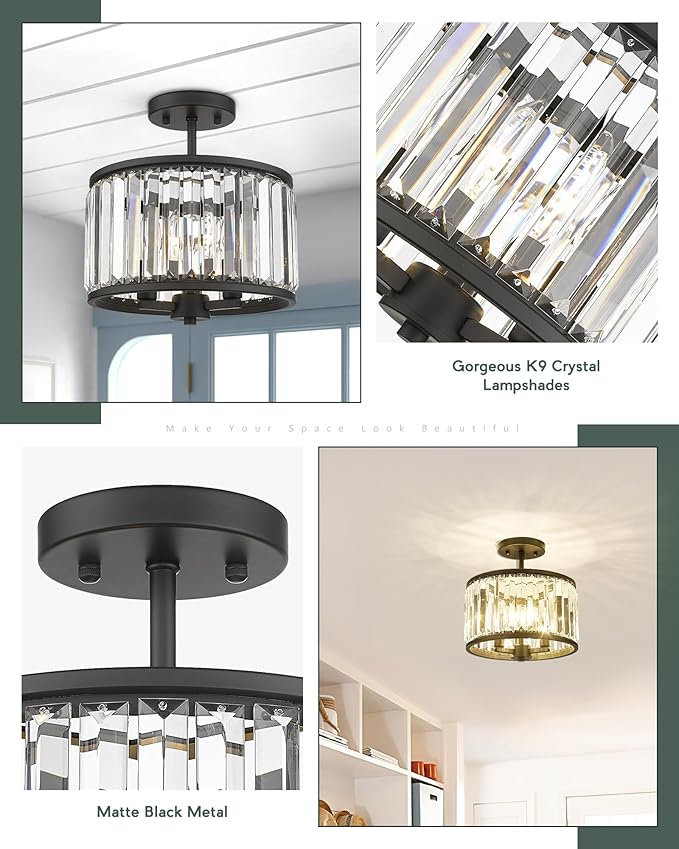 Semi Flush Mount Ceiling Light Fixture, 11" Crystal Light Fixture, 3-Light Modern Lamps with Matte Black Finish for Bathroom, Dinning Room, Hallway, Bedroom, SM821-MB