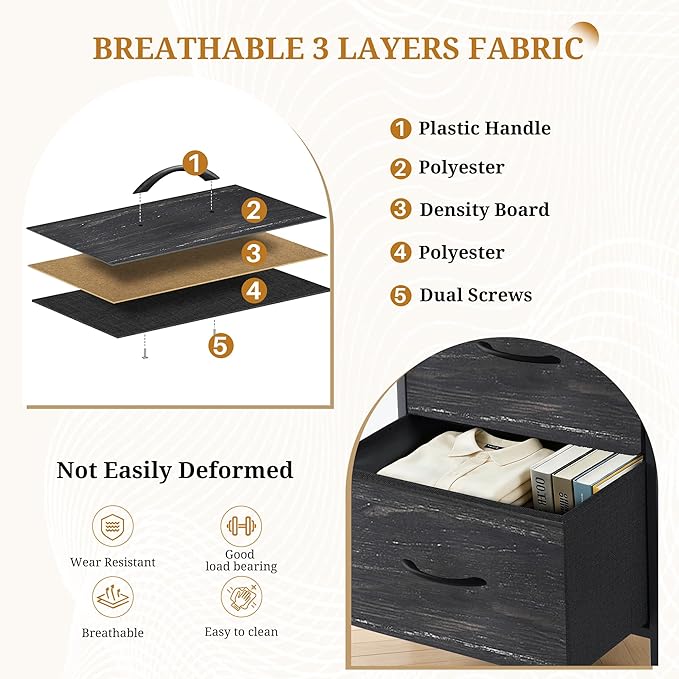 Nightstand with 4 Fabric Drawers, 37.4" H Tall Narrow Bedside Table with Wooden Top Steel Frame for Bedroom, Dorm, Closet, Living Room, Charcoal Black