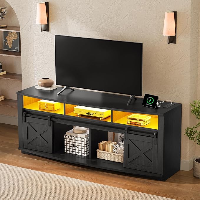 YITAHOME TV Stand for 75/80 Inch TV, Black Entertainment Center 70 Inches Wide, Media Furniture TV Table with with Power Outlet, TV Consoles for Living Room, Curved Desktop, Sliding Barn Doors