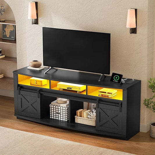YITAHOME TV Stand for 75/80 Inch TV, Black Entertainment Center 70 Inches Wide, Media Furniture TV Table with with Power Outlet, TV Consoles for Living Room, Curved Desktop, Sliding Barn Doors
