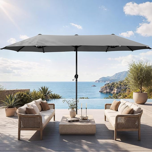 HERA'S PALACE 13 ft Large Double-Sided Twin Patio Umbrella, Outdoor Market Umbrella with Crank Handle, Powerful UV Protective, Smoky Gray