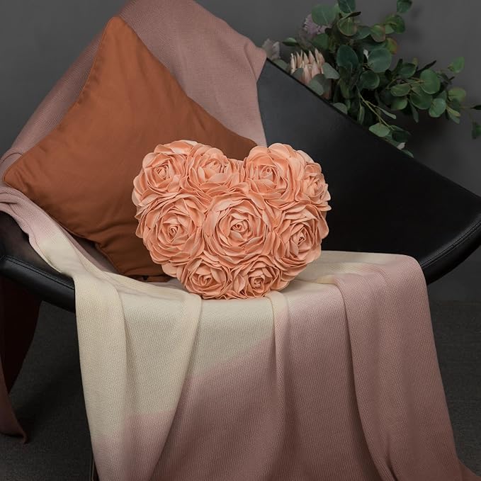 JWH Heart Flower Throw Pillow Covers Decorative Floral Shaped Accent Cushion Soft Pillowcase for Sofa Couch Living Room Bed Chair 14x16 Inches Peach Pink