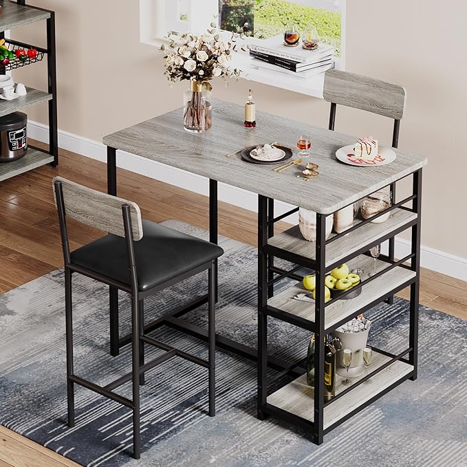 IDEALHOUSE Kitchen Table Set, Dining Table and Chairs for 2, 3 Piece Dining Room Table Set with 2 Upholstered Chairs, Bar Dining Table Set for Small Spaces, Apartment, Breakfast, Pub, Rustic Gray
