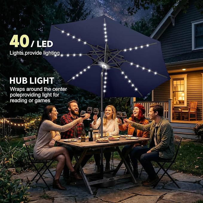9ft Solar Umbrella Outdoor - 2 Tiers Lighted Solar Patio Umbrella with 40 LED Lights Waterprool UV Protection, Table Umbrella with Tilt for Pool, Porch, Garden, Backyard (Navy Blue)
