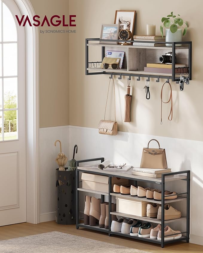 VASAGLE Hall Tree with Shoe Bench, Coat Rack Shoe Bench Set, Entryway Furniture, Multifunctional, 12 Metal Hooks, 4-Tier Shoe Rack, for Entryway, Bedroom, Heather Greige ULSB108K02