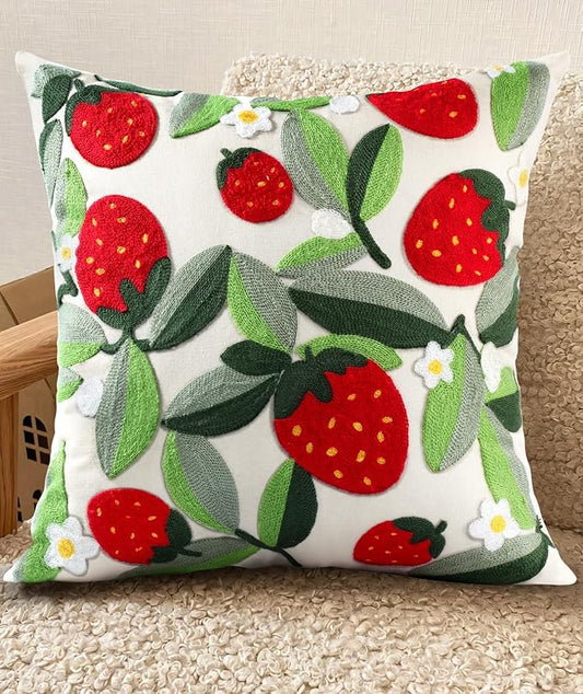 Embroidered Throw Pillow Cover - 18x18 Decorative Pillow Cover with Zipper Aesthetic Cute Design Boho Spring Summer Throw Pillowcase for Living Room Couch Sofa Bed, Leaf Strawberry