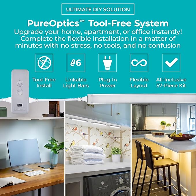 PureOptics LED Works with Alexa Smart LED Under Cabinet Lighting Kit, Motion Sensor, Dimmable, 3 Color Settings, For Kitchen, Cabinets and Closets, (4) 9" Bars, White, A Device