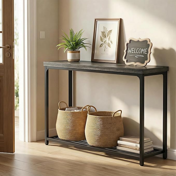 47" Console Table with Storage, 2 Tier Narrow Entryway Table, Sofa Table with Mesh Shelves, Console Tables for Living Room, Bedroom, Hallway, Entryway, Foyer, Oak Grey