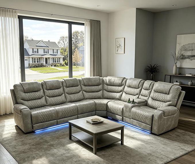 Power Recliner Sectional Sofa with LED Lighting, Breathing Leather Corner Couch with USB Port and Storage Console, Cup Holders– Home Theater & Living Room Seating(Grey)