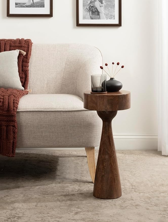 Kate and Laurel Solbrett Transitional Sophisticated Drink Table; 10 x 10 x 22; Walnut Brown; Mid-Century Sculptural Bedroom Nightstand with Unique Pedestal Table Design for Use as Indoor Plant Stand