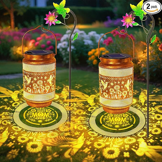 Gifts for Mom, Mom Gift Solar Lanterns Outdoor, Mother Birthday Gift from Daughter Son, Metal Solar Hanging Hummingbird Lights with Shepherd Hook for Outside Garden Yard Patio Pathway (2 Pack)