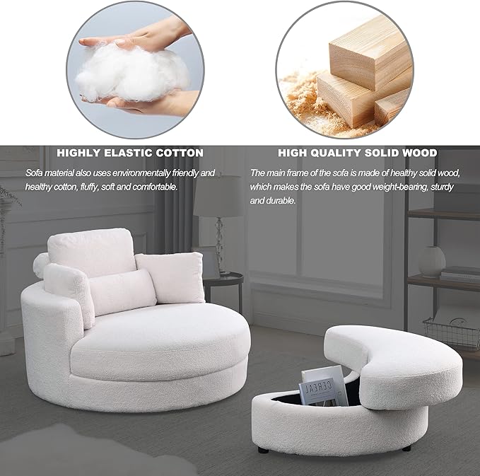HomSof Swivel Accent Barrel Modern Sofa Lounge Club Big Round Chair with Storage Ottoman Linen Fabric for Living Room Hotel with Pillows，White