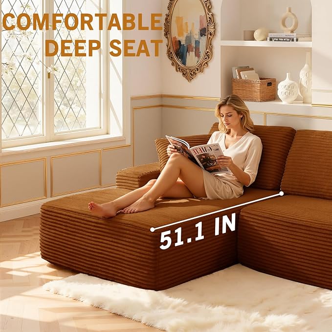 109.4” Modular Sectional Sofa, Convertible Sofa Bed, No Assembly Required Cloud Couch with Deep Seat, Modern L-Shaped Boneless Sofa for Living Room (Orange)