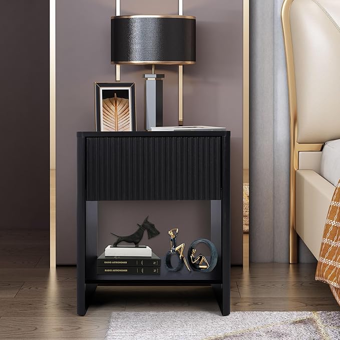 Fluted 1 Drawer Small Dresser for Bedroom, Mid Century Modern Nightstand with Drawer, Low Bedside Table with Drawer, End Table Short Storage, Living Room, Dorm -Black