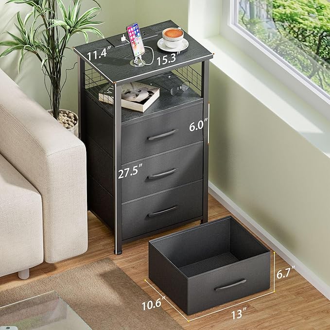 Night Stand Set 2 with Charging Station, End Table Set of 2 with 20 Colors LED Light Strip, 3 Fabric Drawers, Bedside Table with USB Ports and Outlets for Bedroom (Black)