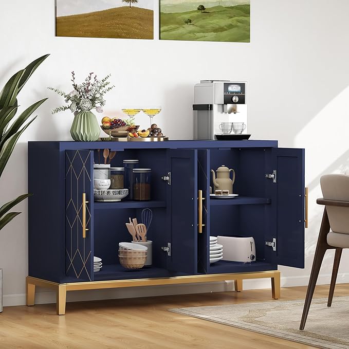 47.8" Storage Accent Cabinet with 4 Doors, Modern Sideboard Buffet Cabinet with Gold Lines, Wood Decorative Credenza with Storage for Living Room, Kitchen, Dining Room, Entryway, Blue