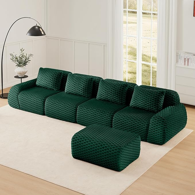 KEIKI 146" Oversized 4-Seater Boneless Couches for Living Room, Comfy Deep Seat Modular Sectional Velvet Sofa L-Shaped, Cloud Cushion No Assembly Lounge Couch, Modern Comfort Design, Green
