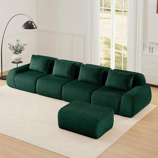 KEIKI 146" Oversized 4-Seater Boneless Couches for Living Room, Comfy Deep Seat Modular Sectional Velvet Sofa L-Shaped, Cloud Cushion No Assembly Lounge Couch, Modern Comfort Design, Green