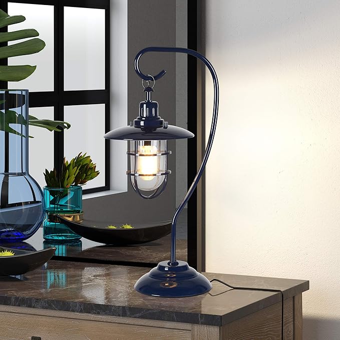 Henn&Hart 22" Nautical 1-Light Table Lamp with Clear Metal and Glass Globe Shade for Living Room, Bedroom, or Office, Dark Blue