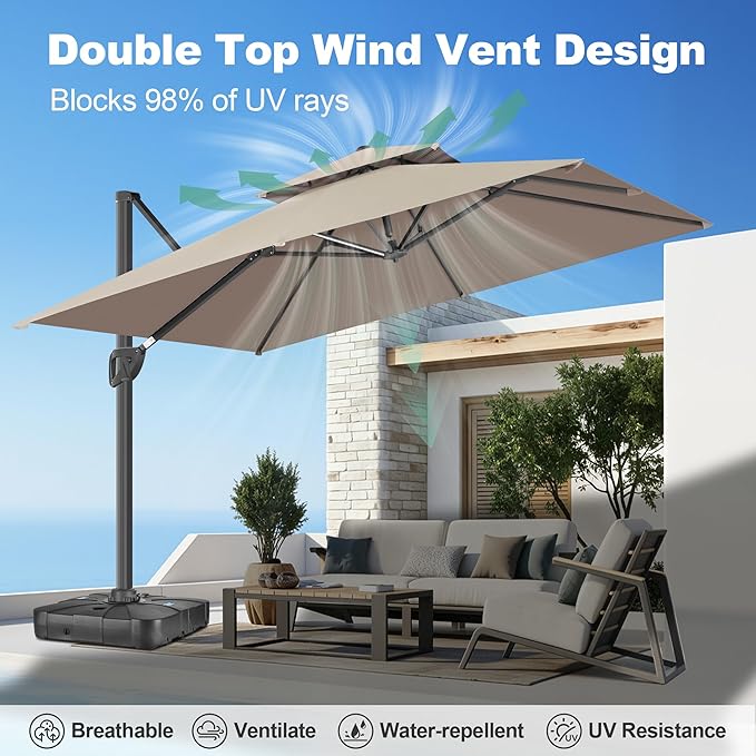 FLAME&SHADE 8.2 X 8.2 FT Cantilever Patio Umbrella - Large Offset Umbrella Outdoor Patio with 360-Degree Rotation and 3-Year Fade Resistance Fabric for Deck Pool Backyard Garden, Taupe