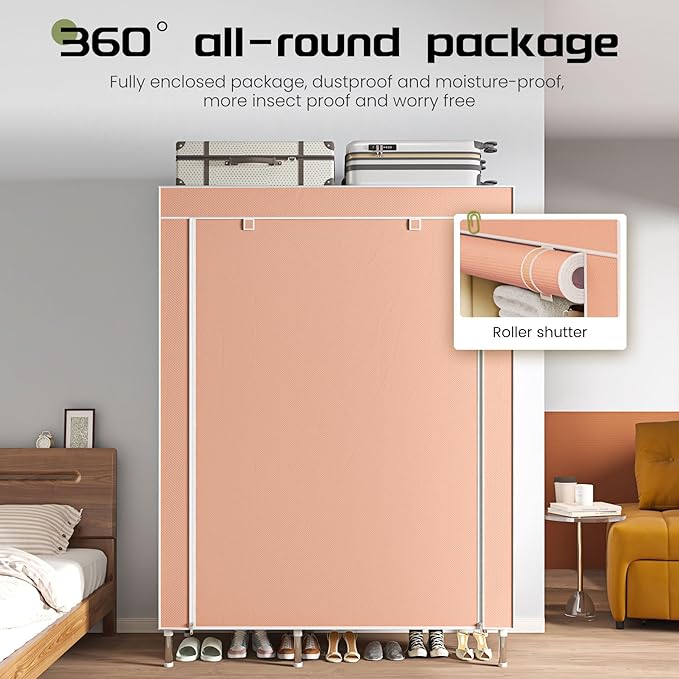 Portable Wardrobe, Simple Wardrobe, with 5 Shelves, Hanging Rod and Non-Woven Fabric Cover, Suitable for Small Spaces.(Pink, 41.3 in)