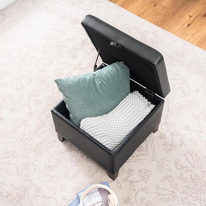 Adeco 17.7" Square Faux Leather Storage Ottoman, Tufted Footrest Stool with Hinged Lid & Wood Legs, Small Entryway Bench & Extra Seat for Living Room, Bedroom, Black