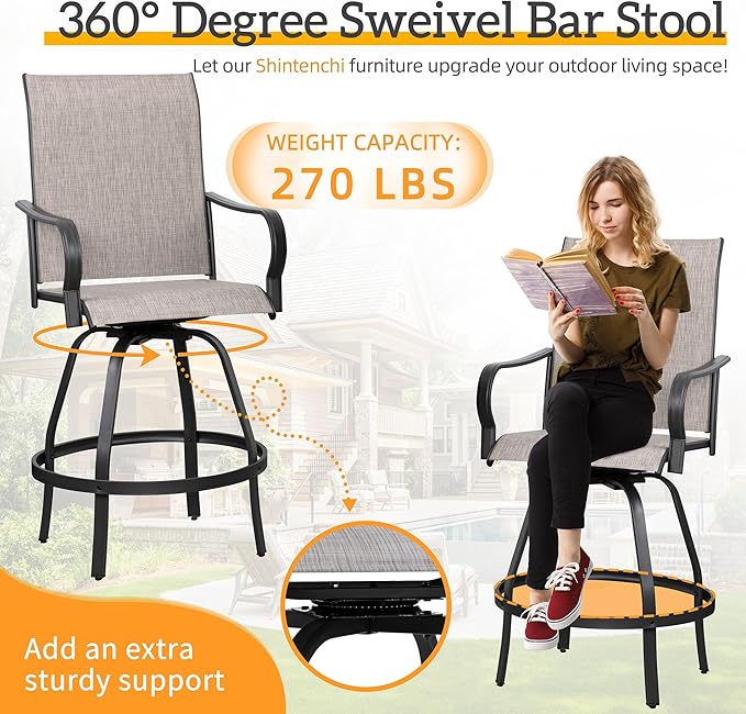 Shintenchi 4 Piece Patio Swivel Bar Chairs, All Weather Textile Outdoor Metal Bar Stools Patio Chairs Set of 4 with High Back, High Top Bistro Set Furniture for Balcony, Backyard, Garden, Deck, Taupe