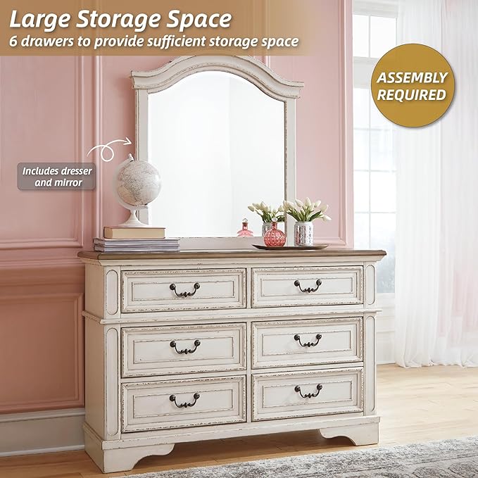 Signature Design by Ashley Realyn Cottage 6-Drawer Dresser and Mirror with Safety Stop and Felt-Lined Top Drawer, White