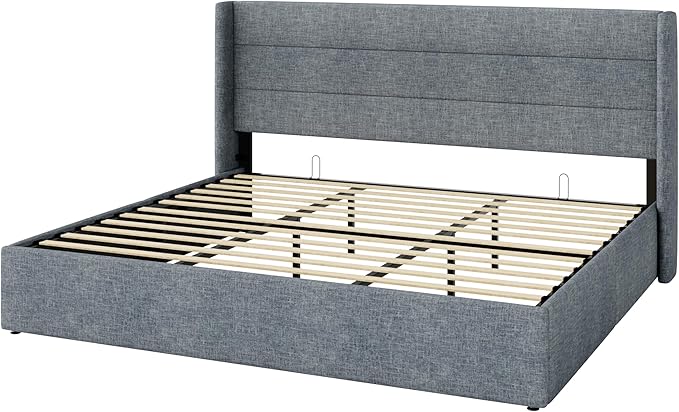 SHA CERLIN King Size Lift Up Storage Bed/Modern Wingback Headboard/Upholstered Platform Bed Frame/Hydraulic Storage/No Box Spring Needed/Wood Slats Support/Grey Blue