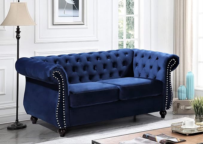 Container Furniture Direct Feinstein Modern Velvet Chesterfield Couches for Living Room with Nailheads, Diamond Tufting & Durable Metal Frame, Loveseat, Dark Blue