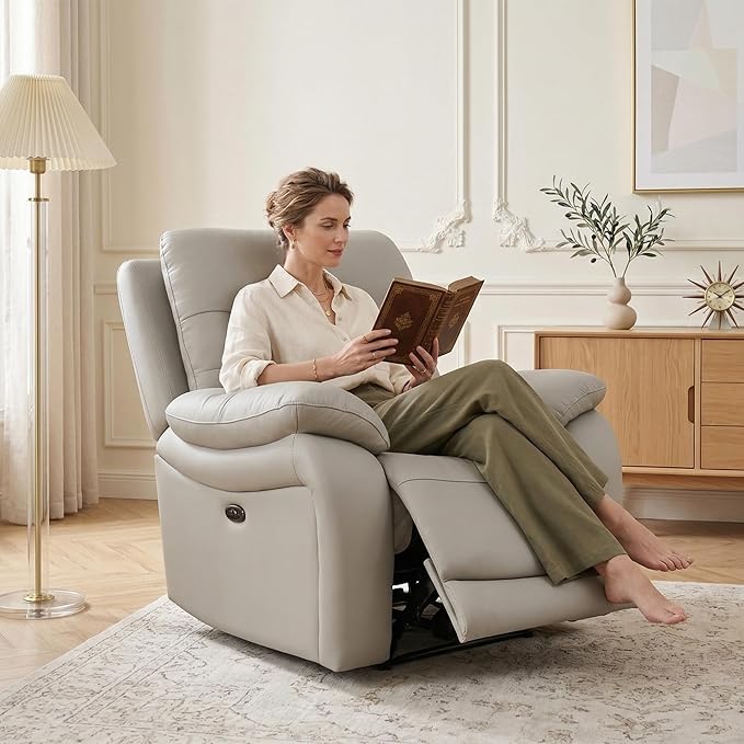Genuine Leather Power Recliner, Single Seater Electric Reclining Chair, Light Grey Top Grain Leather Recliner with USB Port for Living Room, Apartment, Office