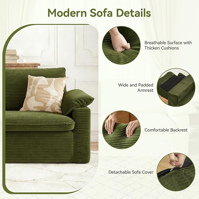 86" Loveseat Sofa Green Corduroy Couch,Modern Cloud Sofa Love Seat, Deep Seat Slipcovered Sofa with 2 Wide Armrest Pillows for Small Spaces Apartment Studio Office Bedroom Living Room
