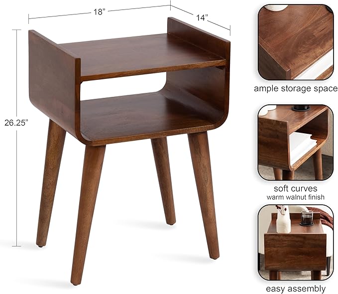 Kate and Laurel Quilby Mid-Century Living Room Side Table with Storage, 18 x 14 x 27, Walnut Brown, Wooden Bedroom Nightstand with Tapered Legs and Bedside Table Storage