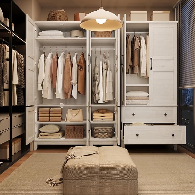 GarveeHome Armoire Wardrobe Closet with 2 Doors,72 in Wooden Wardrobe Cabinet with Hanging Rod, Narrow Tall Clothing Armoire Cabinet with 18 Adjustable Shelves for Bedroom, Clothes, Rustic White