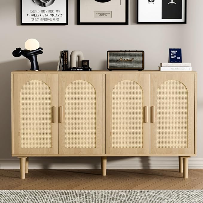 Sideboard Buffet Cabinet with Storage, Retro Rattan Storage Cabinet Kitchen Sideboard Buffet with Artistic Carved Handle for Dining Room Living Room, (Oak)