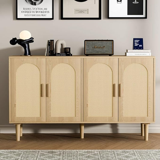 Sideboard Buffet Cabinet with Storage, Retro Rattan Storage Cabinet Kitchen Sideboard Buffet with Artistic Carved Handle for Dining Room Living Room, (Oak)