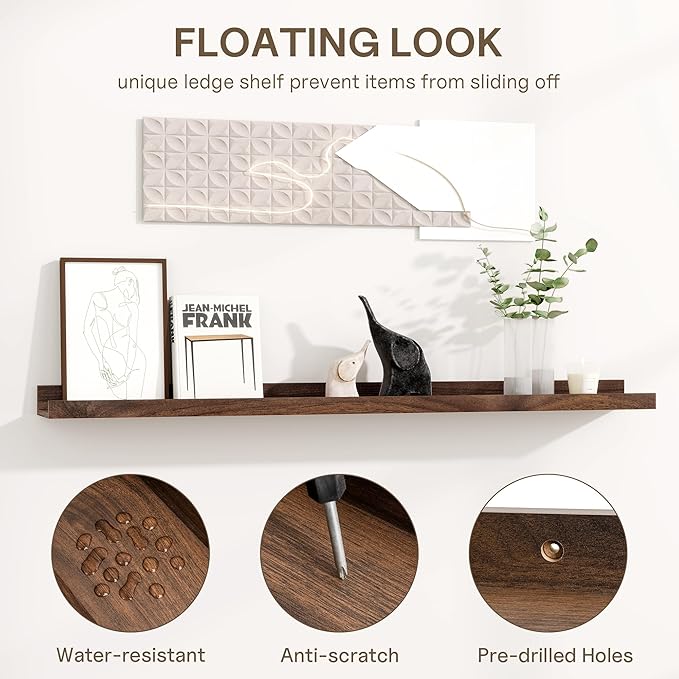 Fun Memories Picture Ledge Shelf - 30 Inches Floating Shelves Set of 4 - Floating Shelves with Lip for Storage - Wood Bookshelf Wall Mounted for Bedroom - Living Room - Kitchen - Walnut Color