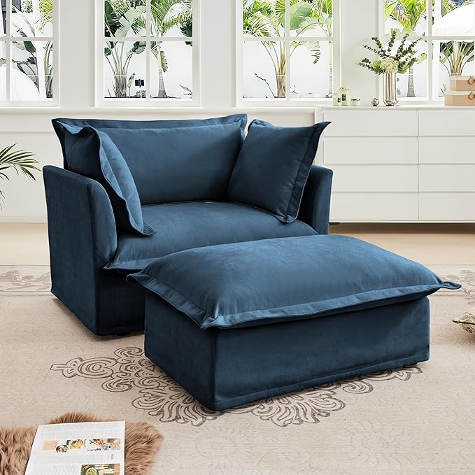 KEIKI Oversized Accent Chair with Ottoman, Chaise Lounge Chair with 2 Pillows, Armchair Sets, Oversized Sofa Bed, Sleeper Couch Reading Chairs for Living Room, Blue