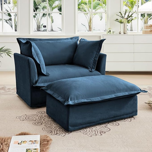 KEIKI Oversized Accent Chair with Ottoman, Chaise Lounge Chair with 2 Pillows, Armchair Sets, Oversized Sofa Bed, Sleeper Couch Reading Chairs for Living Room, Blue