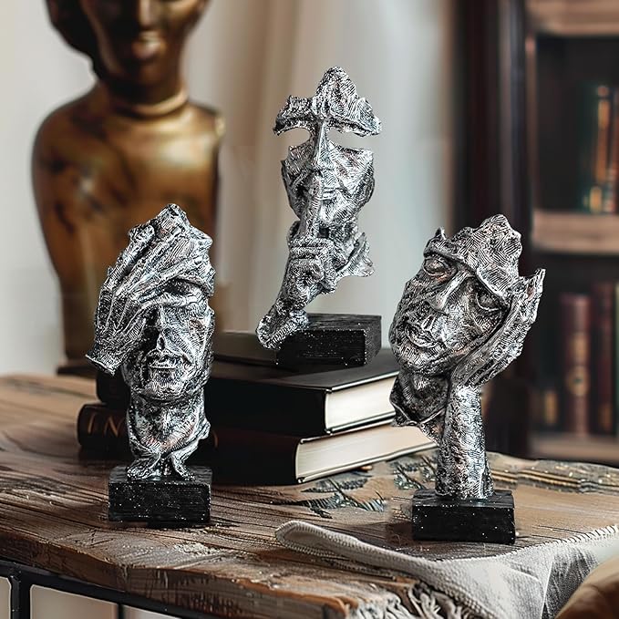 3 Pcs Thinker Statue, Silence is Silvery Abstract Art Figurine, Modern Home Resin Decorative Objects Decor for Home Office Bookshelf Desktop,No Hear No See No Speak Knick Knacks