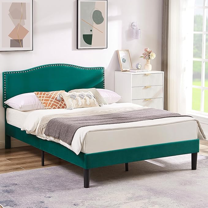VECELO Queen Bed Frame, Platform Bed Frame with Adjustable Height Upholstered Headboard, Heavy-Duty Frames and Strong Wooden Slats Support, Non-Slip and Noise-Free, Easy Assembly, Dark Green