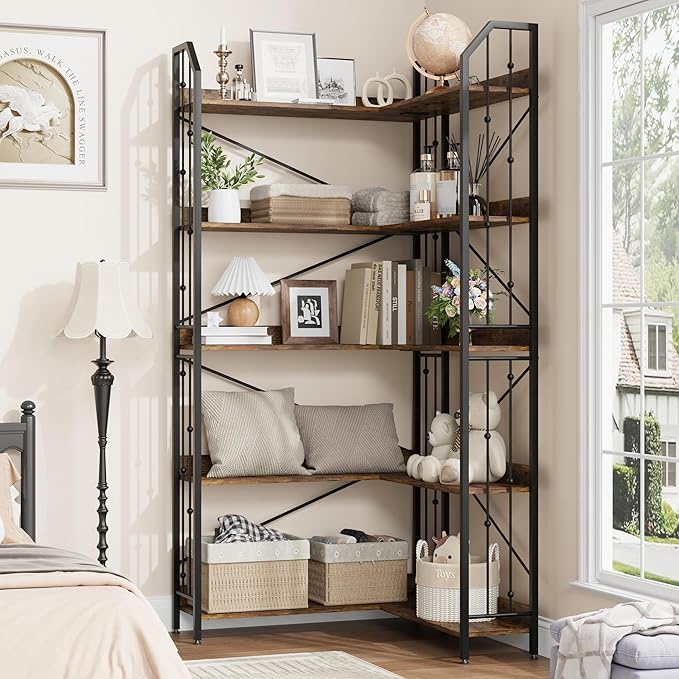 GarveeHome Corner Bookshelf 72" L Shaped Bookcase, Corner Bookshelves Industrial Bookcase 5 Tier L-Shape Bookshelf, Large Bookcases with Beaded Design Tall Display Rack Shelf for Living Room Bedroom