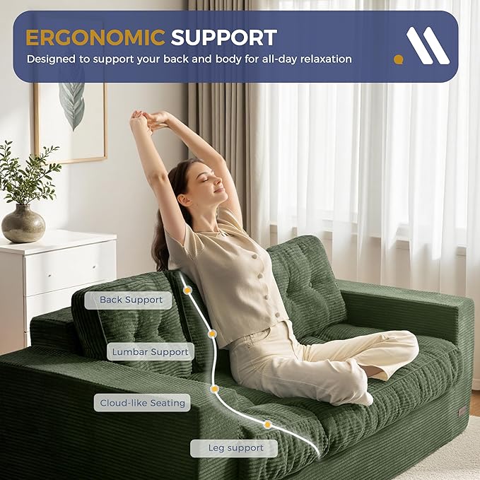 MAXYOYO Oversized Loveseat Sofa Couch, Upholstered Bean Bag Chair Cloud 3-Seat for Adults, Boneless Couch with Tufted Cushion & Pillows, Sofa in A Box, No Assembly Required, Dark Green