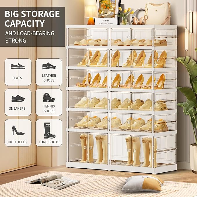 6-Tier Foldable Shoe Rack for Closet Entryway 12-24Pairs,Stackable Clear Shoe Storage Boxes Organizer with Door Plastic Shoe Cabinet Bins with Lids Shoes Shelf Easy Assembly Large White